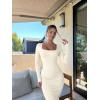 imageOQQ Womens Long Sleeve Maxi Dress Square Neck Ribbed Bodycon Lounge Soft DressesBeige