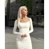 imageOQQ Womens Long Sleeve Maxi Dress Square Neck Ribbed Bodycon Lounge Soft DressesBeige