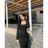 imageOQQ Womens Long Sleeve Maxi Dress Square Neck Ribbed Bodycon Lounge Soft DressesBlack