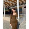 imageOQQ Womens Long Sleeve Maxi Dress Square Neck Ribbed Bodycon Lounge Soft DressesCoffee