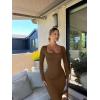 imageOQQ Womens Long Sleeve Maxi Dress Square Neck Ribbed Bodycon Lounge Soft DressesCoffee