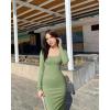 imageOQQ Womens Long Sleeve Maxi Dress Square Neck Ribbed Bodycon Lounge Soft DressesPea Green