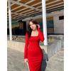 imageOQQ Womens Long Sleeve Maxi Dress Square Neck Ribbed Bodycon Lounge Soft DressesRed