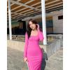 imageOQQ Womens Long Sleeve Maxi Dress Square Neck Ribbed Bodycon Lounge Soft DressesRose