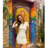 imageOQQ Womens Mini Dresses Sexy Ribbed Short Sleeve Tummy Control Bodycon Mini DressBeige