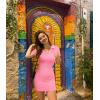 imageOQQ Womens Mini Dresses Sexy Ribbed Short Sleeve Tummy Control Bodycon Mini DressCandypink
