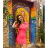imageOQQ Womens Mini Dresses Sexy Ribbed Short Sleeve Tummy Control Bodycon Mini DressFluorescent Pink a