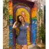 imageOQQ Womens Mini Dresses Sexy Ribbed Short Sleeve Tummy Control Bodycon Mini DressGrey Blue