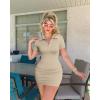 imageOQQ Womens Mini Dresses Sexy Ribbed Short Sleeve Tummy Control Bodycon Mini DressOatmeal