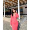 imageOQQ Womens Split Long Sleeve Maxi Dress Zipper Ribbed Bodycon Soft Lounge Dresses Fluorescent Pink A