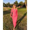 imageOQQ Womens Split Long Sleeve Maxi Dress Zipper Ribbed Bodycon Soft Lounge Dresses Fluorescent Pink A