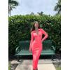 imageOQQ Womens Split Long Sleeve Maxi Dress Zipper Ribbed Bodycon Soft Lounge Dresses Fluorescent Pink A