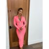 imageOQQ Womens Split Long Sleeve Maxi Dress Zipper Ribbed Bodycon Soft Lounge Dresses Fluorescent Pink A