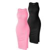 imageOQQ Womens 2 Piece Dress Sexy Ribbed Halter Neck Fashion Split Tank Tops DressesBlack candypink