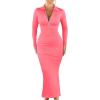 imageOQQ Womens Split Long Sleeve Maxi Dress Zipper Ribbed Bodycon Soft Lounge Dresses Fluorescent Pink A
