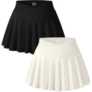 imageOQQ Women 2 Piece Mini Skirts 2 in 1 Flowy Sexy Basic Stretchy Cross Over Flared Casual SkirtsBlack Beige