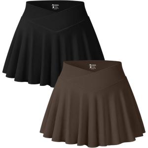 imageOQQ Women 2 Piece Mini Skirts 2 in 1 Flowy Sexy Basic Stretchy Cross Over Flared Casual SkirtsBlack Darkbrown