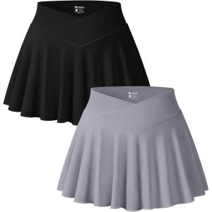 imageOQQ Women 2 Piece Mini Skirts 2 in 1 Flowy Sexy Basic Stretchy Cross Over Flared Casual SkirtsBlack Grey