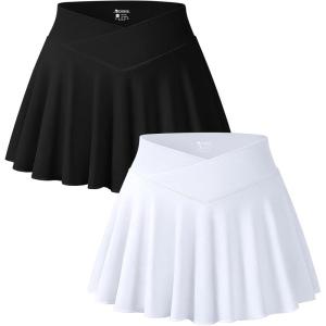 imageOQQ Women 2 Piece Mini Skirts 2 in 1 Flowy Sexy Basic Stretchy Cross Over Flared Casual SkirtsBlack White