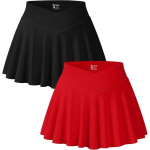 imageOQQ Women 2 Piece Mini Skirts 2 in 1 Flowy Sexy Basic Stretchy Cross Over Flared Casual SkirtsBlack red