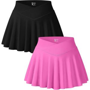 imageOQQ Women 2 Piece Mini Skirts 2 in 1 Flowy Sexy Basic Stretchy Cross Over Flared Casual SkirtsBlack rose