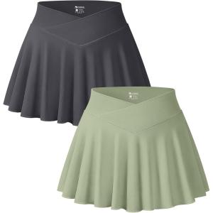 imageOQQ Women 2 Piece Mini Skirts 2 in 1 Flowy Sexy Basic Stretchy Cross Over Flared Casual SkirtsDarkgrey pea Green