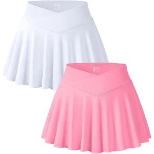 imageOQQ Women 2 Piece Mini Skirts 2 in 1 Flowy Sexy Basic Stretchy Cross Over Flared Casual SkirtsWhite Candypink