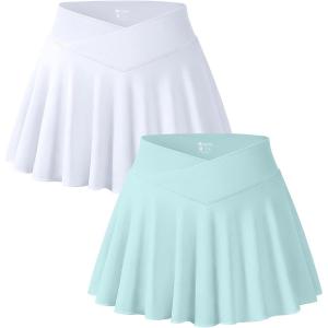 imageOQQ Women 2 Piece Mini Skirts 2 in 1 Flowy Sexy Basic Stretchy Cross Over Flared Casual SkirtsWhite Sea Salt Blue