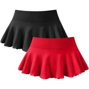 imageOQQ Women 2 Piece Mini Skirts 2 in 1 Flowy Sexy Basic Stretchy Flared Casual SkirtsBlack red