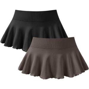 imageOQQ Women 2 Piece Mini Skirts 2 in 1 Flowy Sexy Basic Stretchy Flared Casual SkirtsBlack tea Leaf