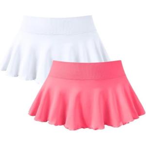 imageOQQ Women 2 Piece Mini Skirts 2 in 1 Flowy Sexy Basic Stretchy Flared Casual SkirtsFluorescent Pink A white