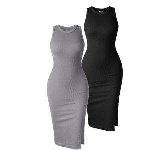 imageOQQ Womens 2 Piece Dress Sexy Ribbed Halter Neck Fashion Split Tank Tops DressesBlack smoke Grey
