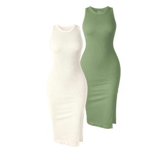 imageOQQ Womens 2 Piece Dress Sexy Ribbed Halter Neck Fashion Split Tank Tops DressesPea Green beige