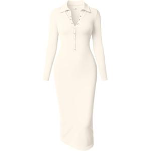 imageOQQ Womens Long Sleeve Maxi Dress Ribbed Back Slit Button Down Bodycon Soft Going Out Elegant Party DressesBeige
