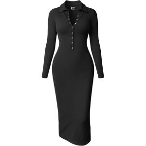 imageOQQ Womens Long Sleeve Maxi Dress Ribbed Back Slit Button Down Bodycon Soft Going Out Elegant Party DressesBlack