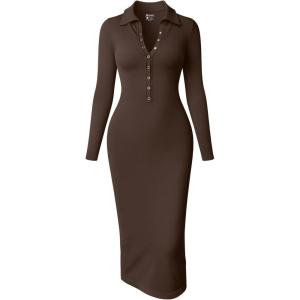 imageOQQ Womens Long Sleeve Maxi Dress Ribbed Back Slit Button Down Bodycon Soft Going Out Elegant Party DressesDarkgbrown