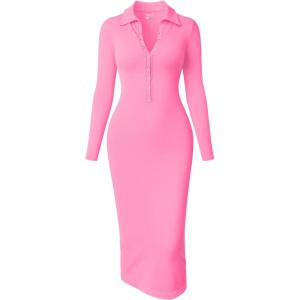 imageOQQ Womens Long Sleeve Maxi Dress Ribbed Back Slit Button Down Bodycon Soft Going Out Elegant Party DressesFluorescent Pink