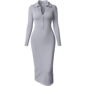 imageOQQ Womens Long Sleeve Maxi Dress Ribbed Back Slit Button Down Bodycon Soft Going Out Elegant Party DressesGrey