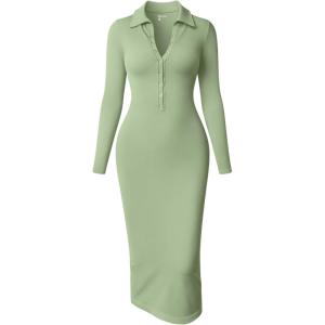imageOQQ Womens Long Sleeve Maxi Dress Ribbed Back Slit Button Down Bodycon Soft Going Out Elegant Party DressesPea Green