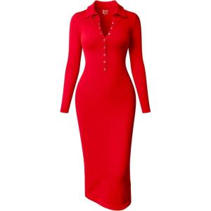 imageOQQ Womens Long Sleeve Maxi Dress Ribbed Back Slit Button Down Bodycon Soft Going Out Elegant Party DressesRed