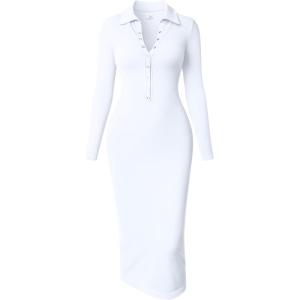imageOQQ Womens Long Sleeve Maxi Dress Ribbed Back Slit Button Down Bodycon Soft Going Out Elegant Party DressesWhite