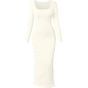 imageOQQ Womens Long Sleeve Maxi Dress Square Neck Ribbed Bodycon Lounge Soft DressesBeige
