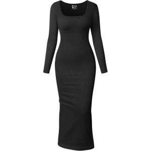 imageOQQ Womens Long Sleeve Maxi Dress Square Neck Ribbed Bodycon Lounge Soft DressesBlack