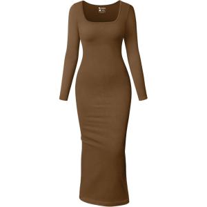 imageOQQ Womens Long Sleeve Maxi Dress Square Neck Ribbed Bodycon Lounge Soft DressesCoffee