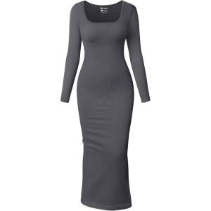 imageOQQ Womens Long Sleeve Maxi Dress Square Neck Ribbed Bodycon Lounge Soft DressesDarkgrey