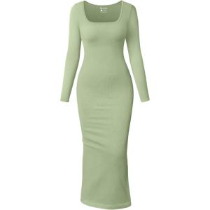 imageOQQ Womens Long Sleeve Maxi Dress Square Neck Ribbed Bodycon Lounge Soft DressesPea Green