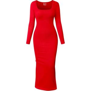 imageOQQ Womens Long Sleeve Maxi Dress Square Neck Ribbed Bodycon Lounge Soft DressesRed