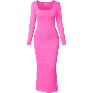 imageOQQ Womens Long Sleeve Maxi Dress Square Neck Ribbed Bodycon Lounge Soft DressesRose