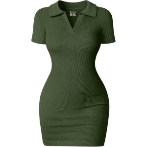 imageOQQ Womens Mini Dresses Sexy Ribbed Short Sleeve Tummy Control Bodycon Mini DressArmygreen