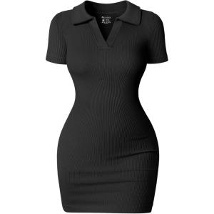 imageOQQ Womens Mini Dresses Sexy Ribbed Short Sleeve Tummy Control Bodycon Mini DressBlack